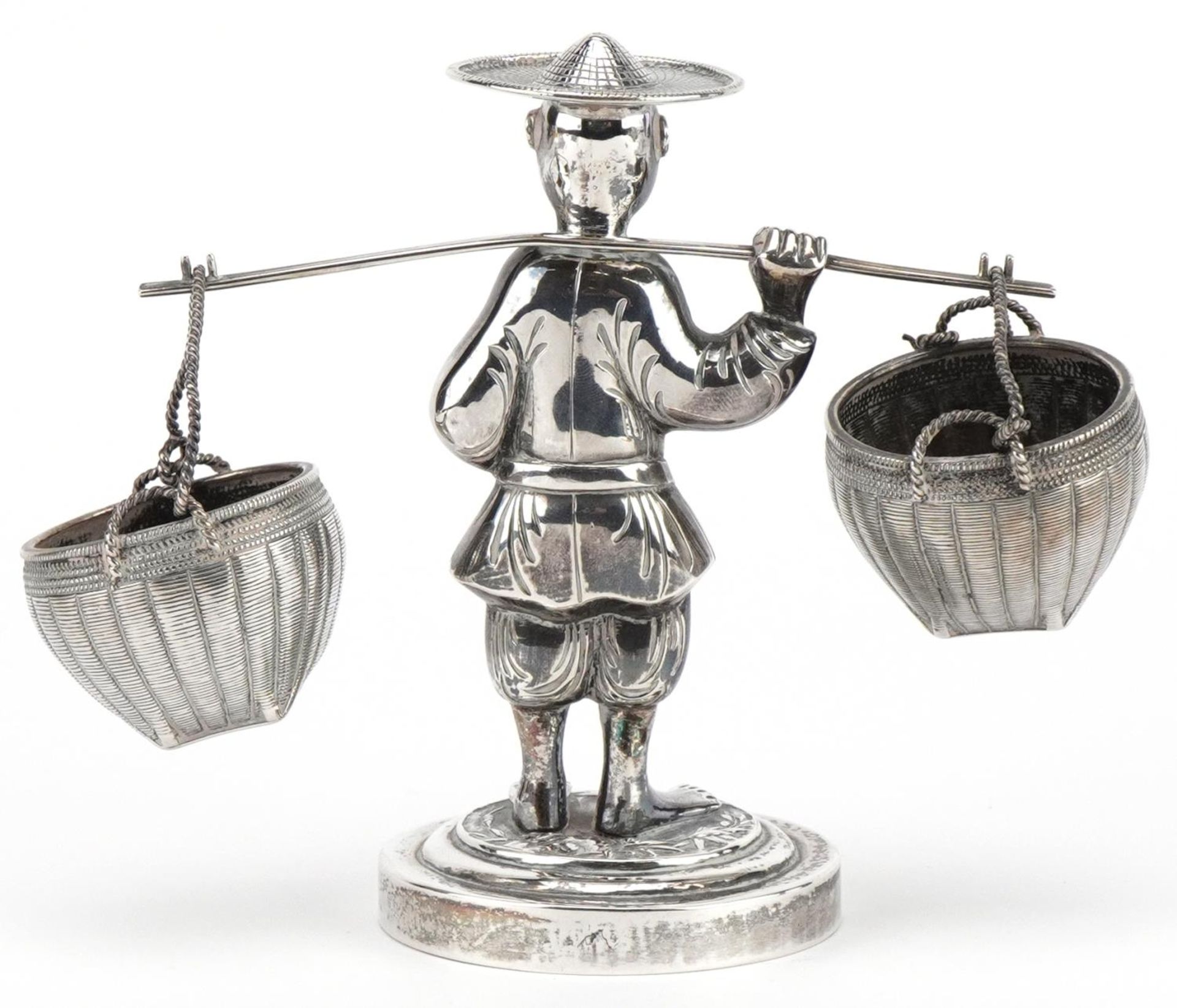 Wang Hing, Chinese export silver cruet in the form of a Chinaman carrying baskets, 10.5cm high, - Image 5 of 8