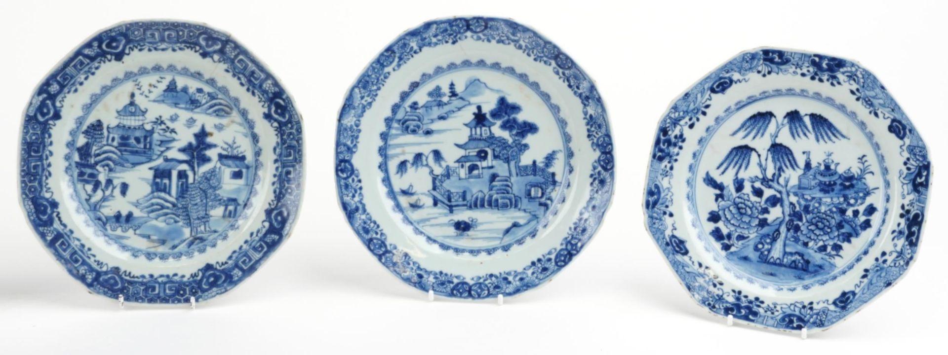 Six Chinese blue and white porcelain plates hand painted with river landscapes and flowers, each - Image 3 of 6