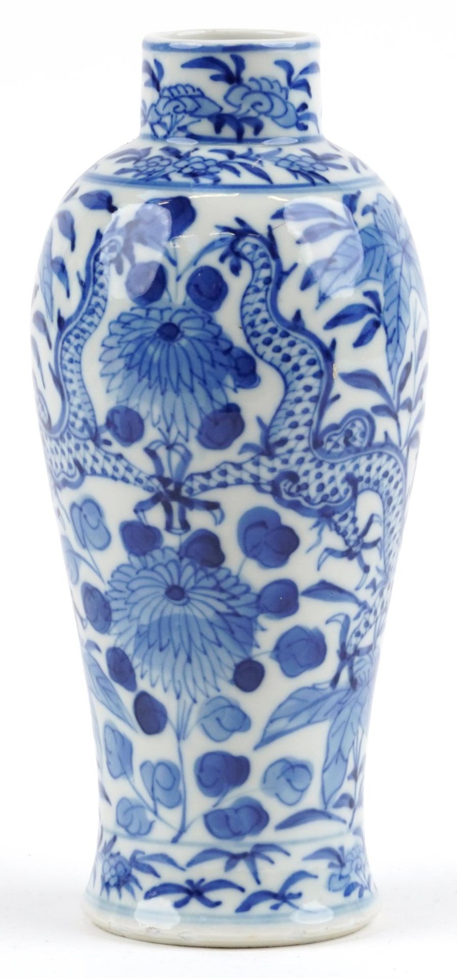 Chinese blue and white porcelain baluster vase hand painted with dragons amongst flowers, six figure - Image 3 of 7