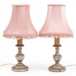 Pair of classical silver painted carved wood table lamps with silk lined shades, each overall 41cm