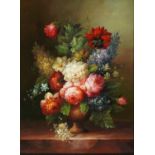 A Fevre - Still life flowers in a vase, European school oil on wood panel, mounted and framed, 39.