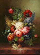 A Fevre - Still life flowers in a vase, European school oil on wood panel, mounted and framed, 39.