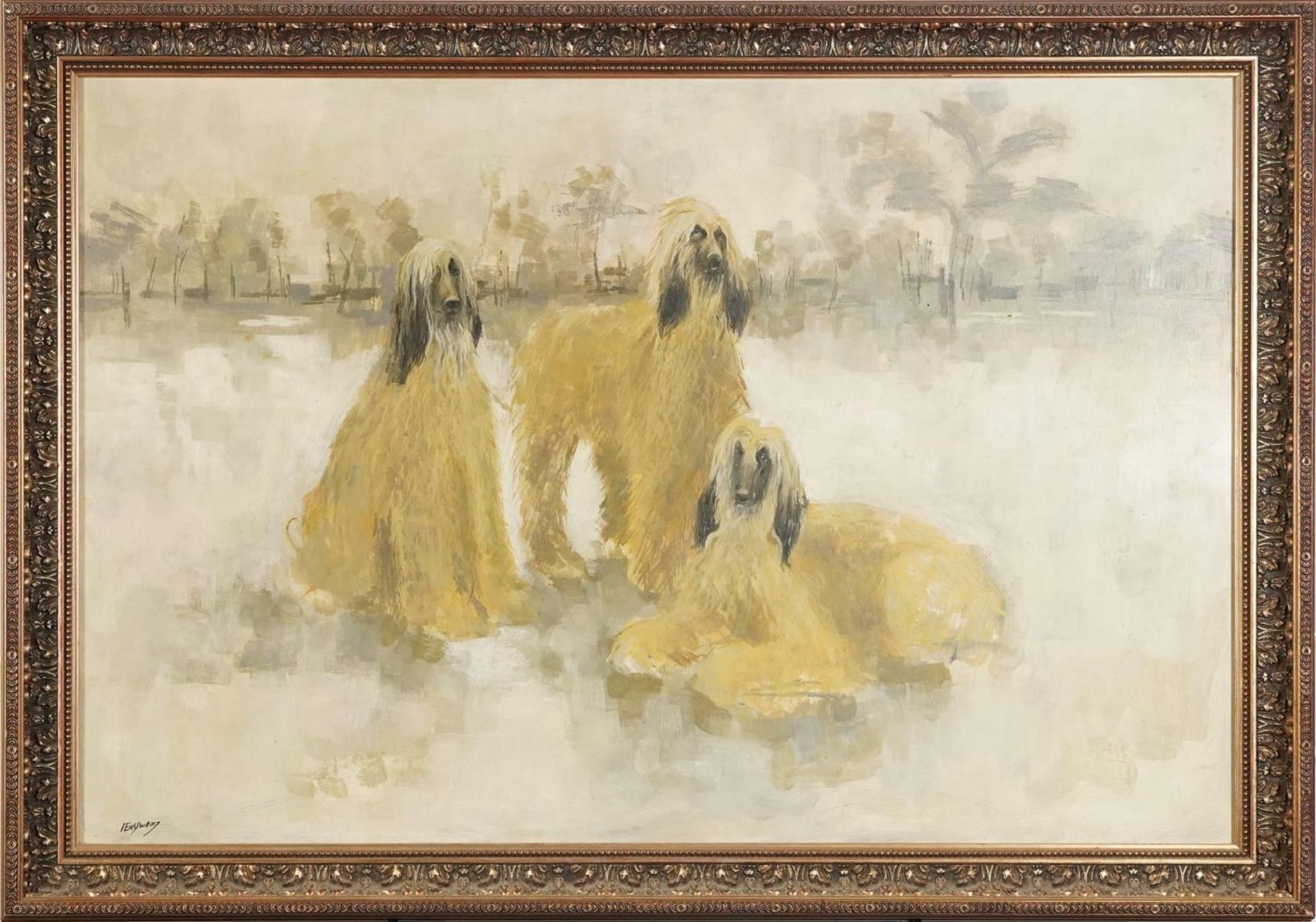 Eastwood - Three Afghan hounds, Impressionist oil on board, mounted and framed, 90cm x 60cm - Image 2 of 4