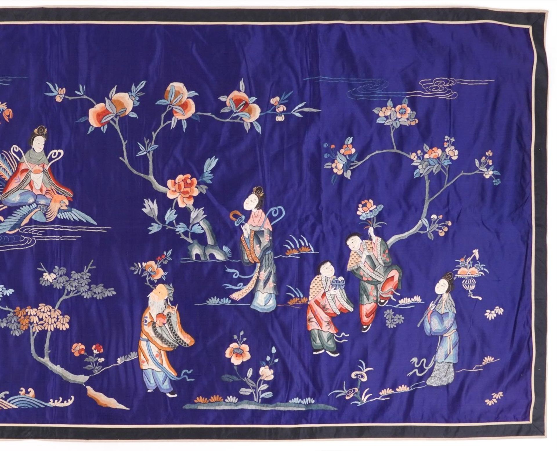 Large Chinese silk textile embroidered with an emperor amongst Geishas and figures, one riding a - Image 3 of 4
