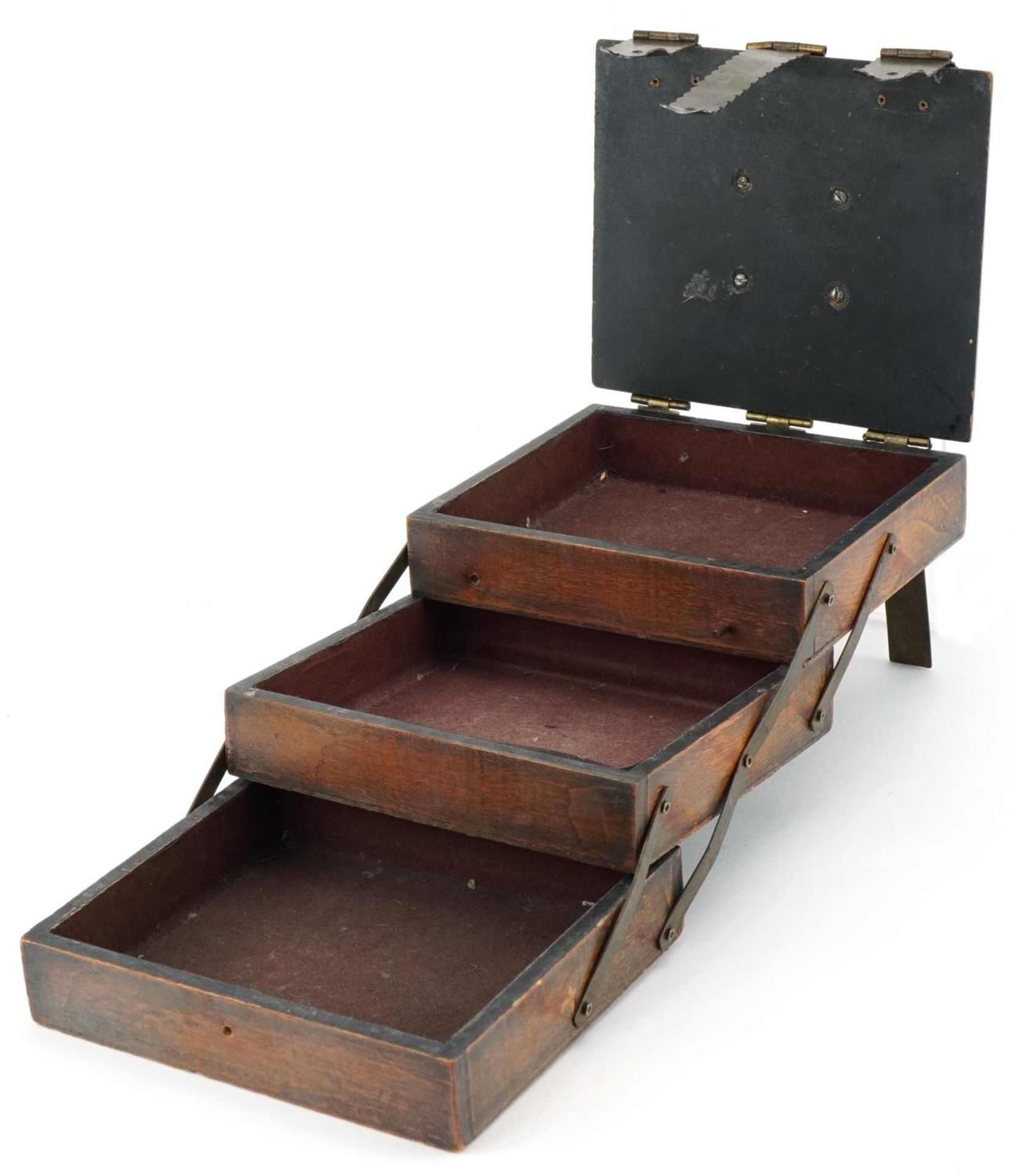 Gothic style hardwood three section cantilever box with hinged lid and brass mounts, 12cm H x 17.5cm - Image 2 of 4