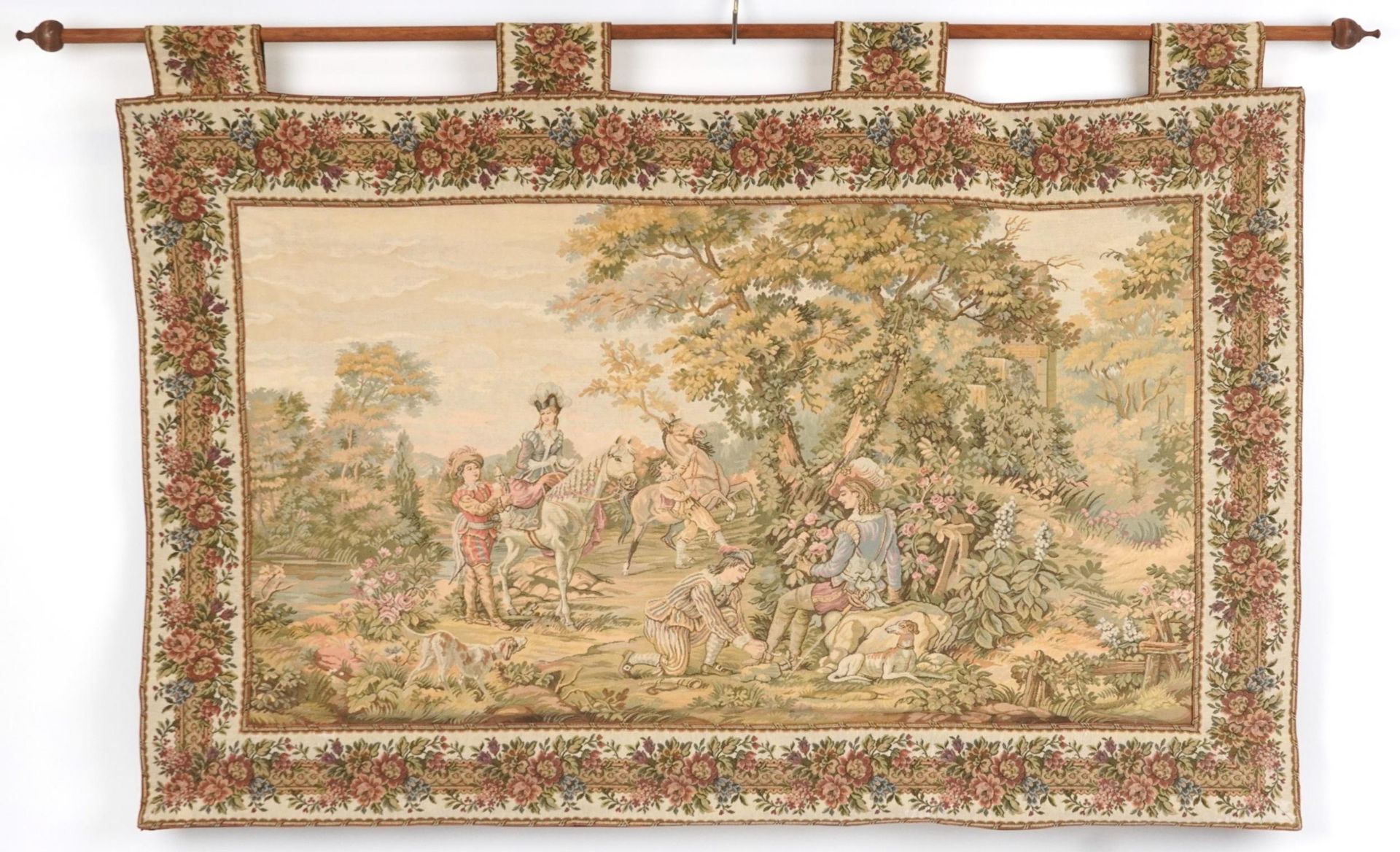 Two rectangular wall hanging tapestries including one with a courting couple on horseback, the - Bild 2 aus 7