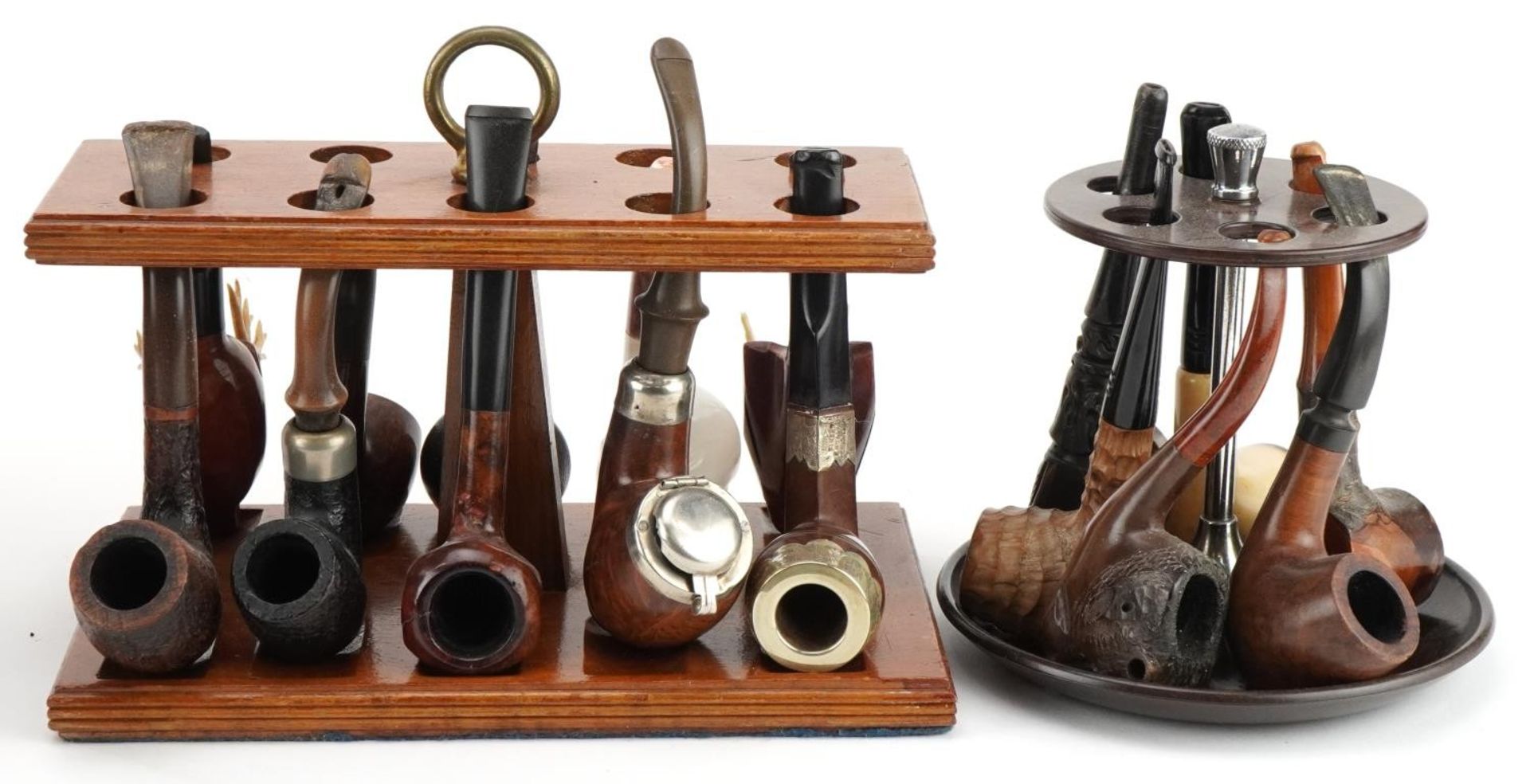 Twenty tobacco smoking pipes, some briar, arranged in three pipe racks including Dr Plumb and Kay - Image 5 of 11