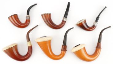 Six vintage Meerschaum Calabash tobacco smoking pipes, two with silver mounts, the largest 14cm high