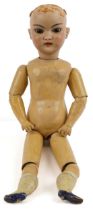 19th century German bisque headed doll with jointed wooden limbs, indistinct marks to the back of