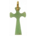 Chinese green jade cross pendant with 14ct gold suspension loop, 4.3cm high, 4.6g : For further
