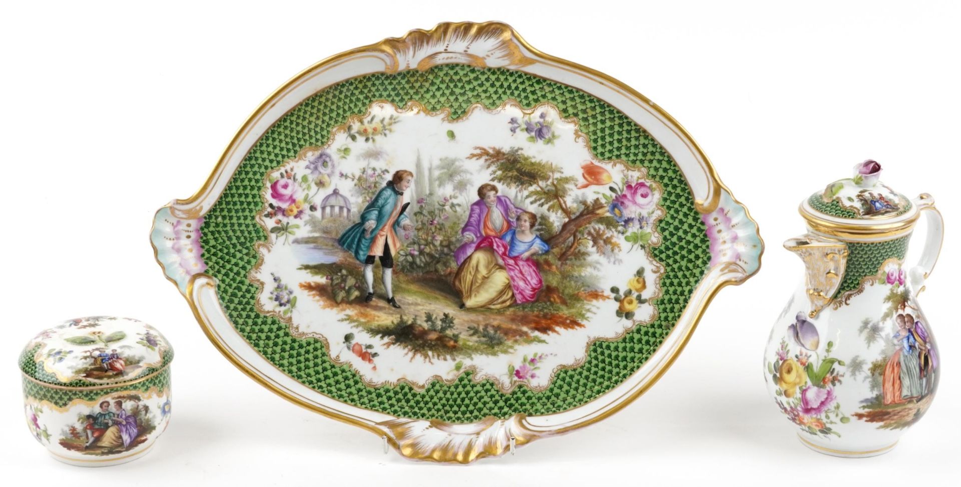 Carl Thieme, 19th century German Potschappel porcelain oval cabaret tray with coffee pot and