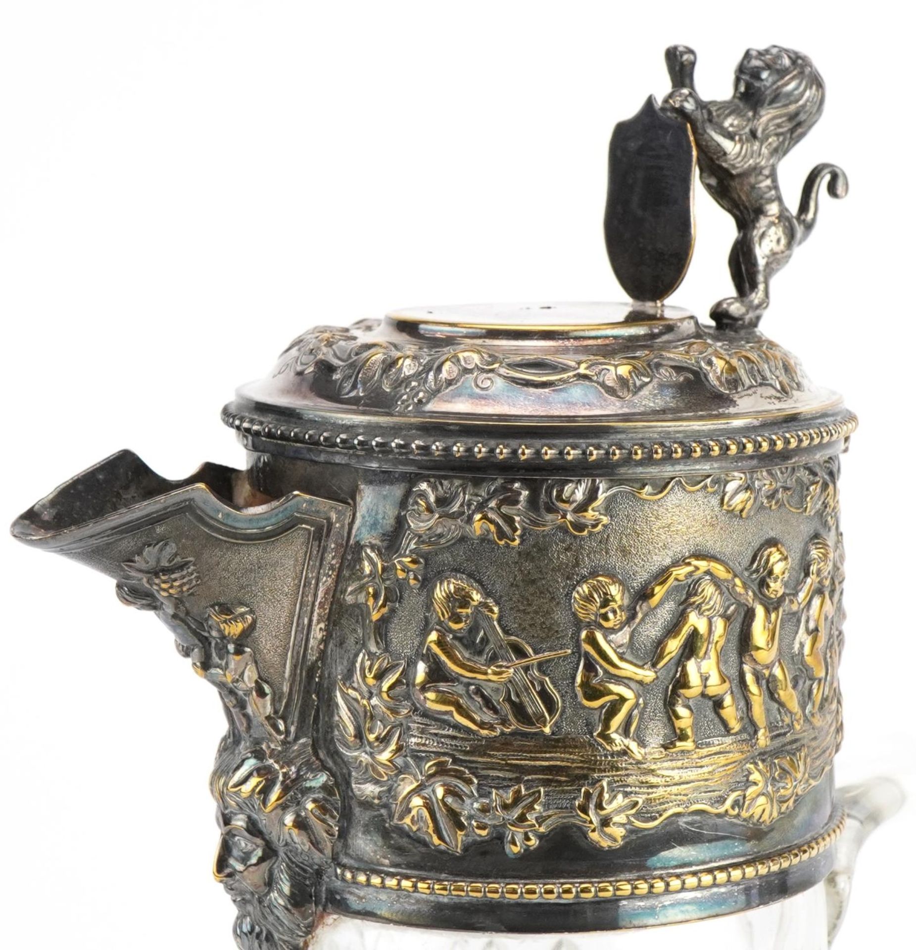 19th century cut glass claret jug with silver plated mounts embossed with a Bacchanalian scene - Image 2 of 5