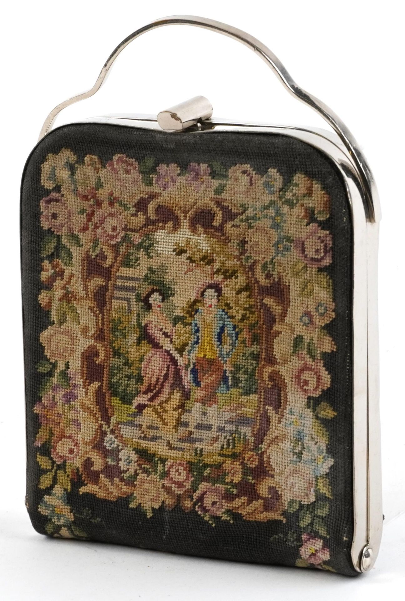 Early 20th century needlework lady's travelling vanity case with mirrored and fitted interior