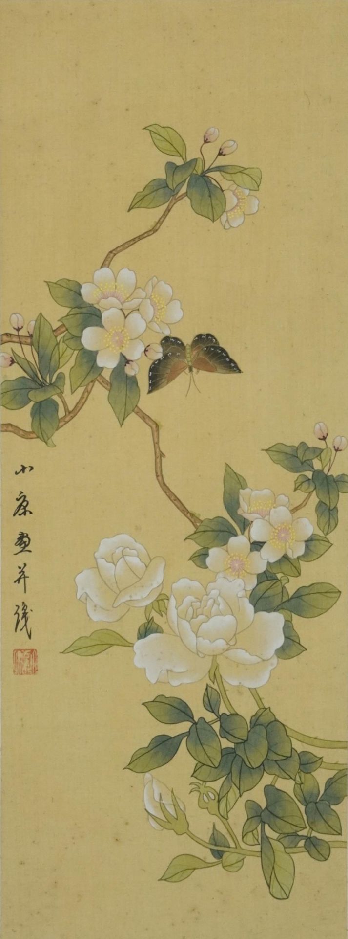 Butterflies and birds amongst flowers, pair of Chinese watercolours on silk, signed with red seal - Image 2 of 9