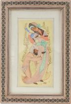 Rectangular Persian panel hand painted with two figures housed in a Vizagapatam style easel frame,