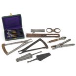 Antique horological interest watchmaker's tools including Grimshaw & Baxter of London wire gauge and