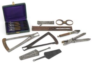 Antique horological interest watchmaker's tools including Grimshaw & Baxter of London wire gauge and