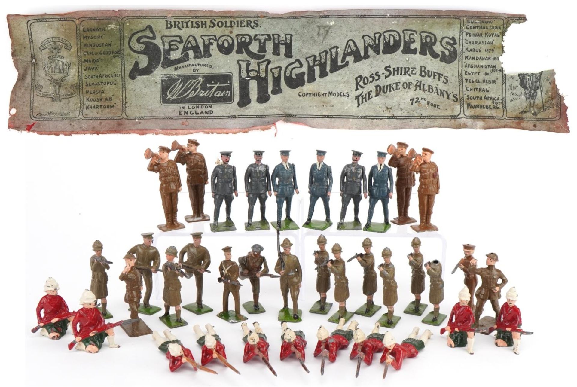 John Hill & Co and Britains hand painted lead soldiers including Seaforth Highlanders, with paper