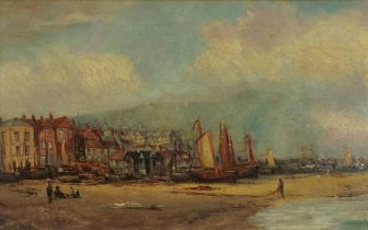 Hastings beach scene with moored fishing boats, 19th century Victorian school oil on canvas, mounted