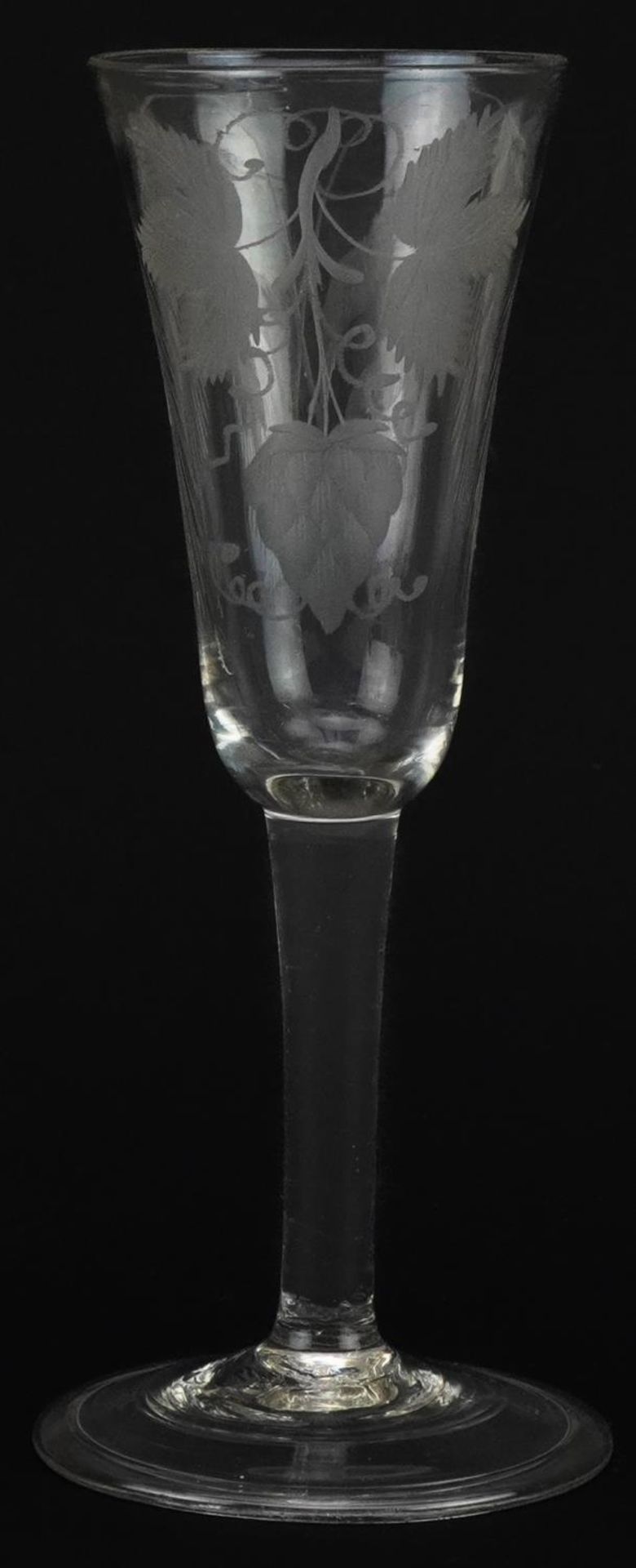 18th century wine glass on folded foot with tapering bowl engraved with strawberry and wheat, 19cm