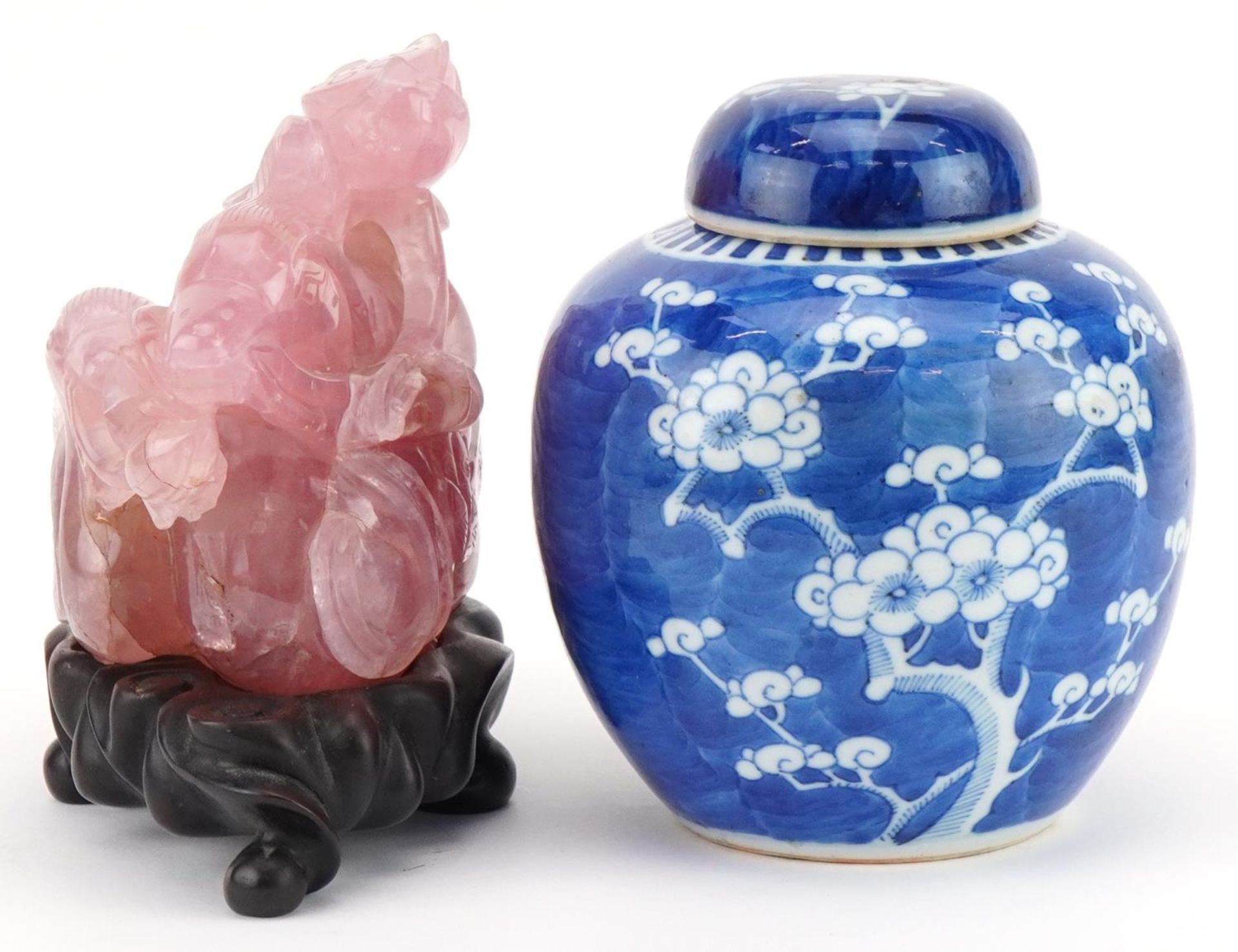 Chinese blue and white porcelain prunus pattern ginger jar and cover and a large pink jade/jadeite - Image 2 of 7