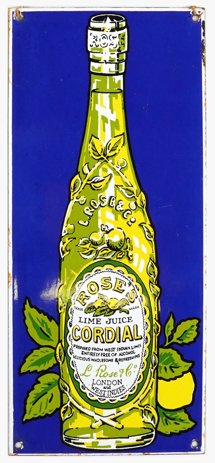 Roses Lime Juice Cordial enamel advertising sign, Garnier & Co stamp to the reverse, 36cm x 16.5cm :