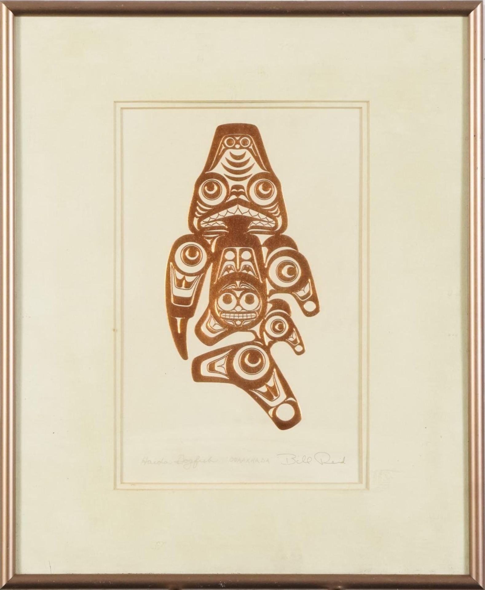 Bill Reid - Haida Dogfish, Canadian gilt embossed print, details verso, mounted, framed and - Image 2 of 6