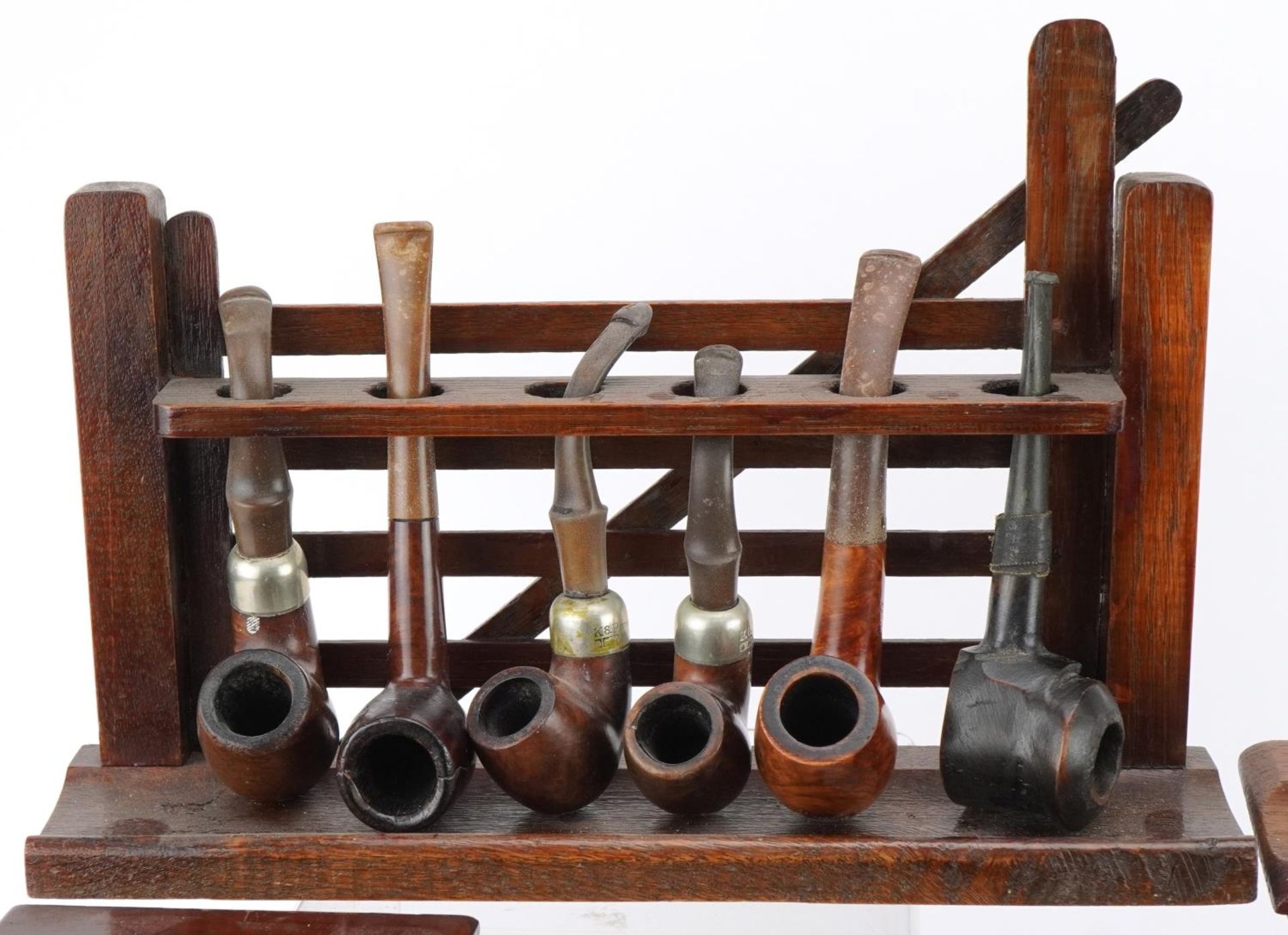 Twenty three vintage tobacco smoking pipes, predominantly briar, arranged in three pipe racks - Image 2 of 11