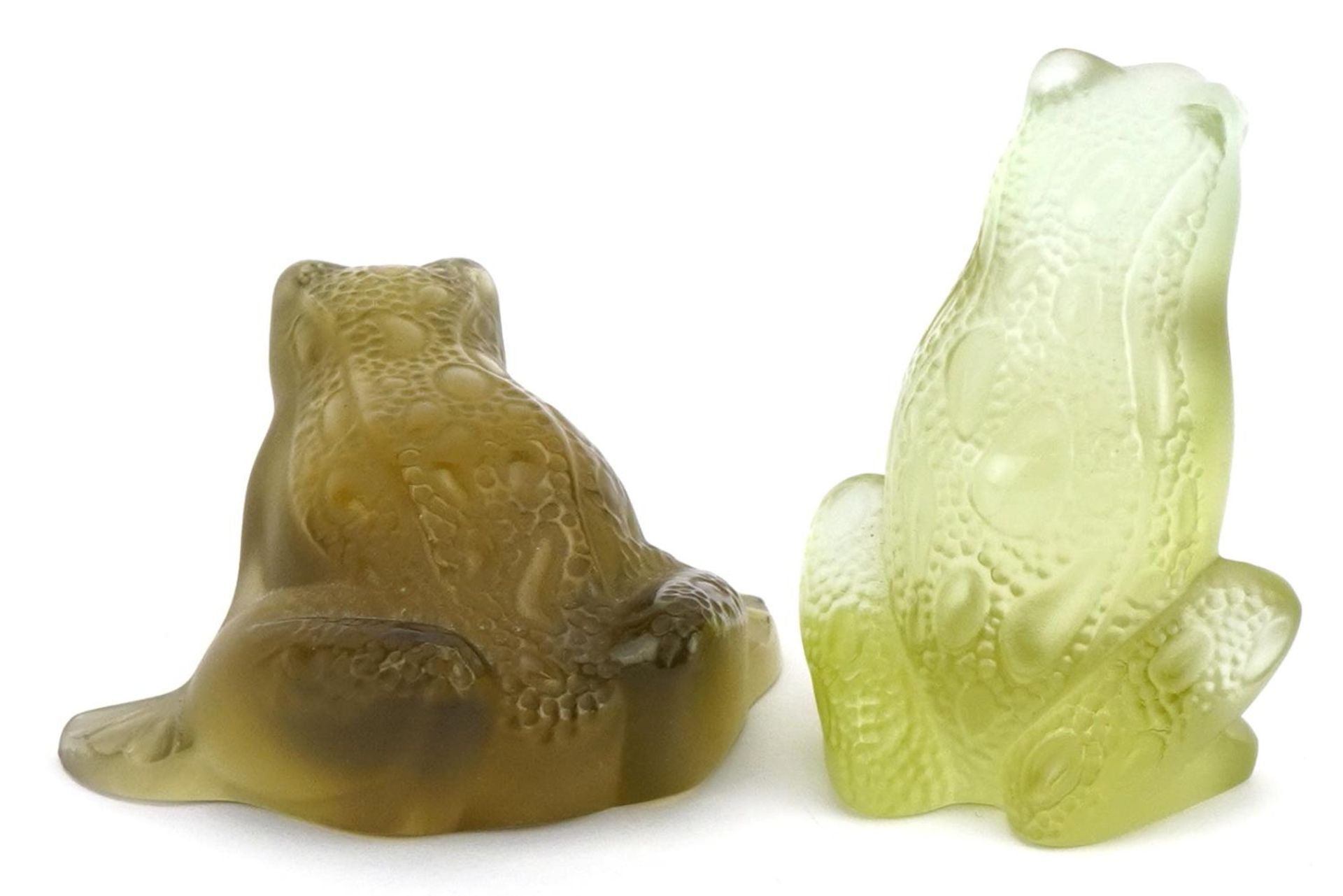 Lalique, two French frosted green glass frog paperweights, one with paper label, each etched Lalique - Image 2 of 5