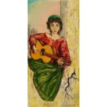 Manner of Bernard Buffet - Young female with a guitar on a terrace, French school oil on canvas,