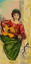 Manner of Bernard Buffet - Young female with a guitar on a terrace, French school oil on canvas,