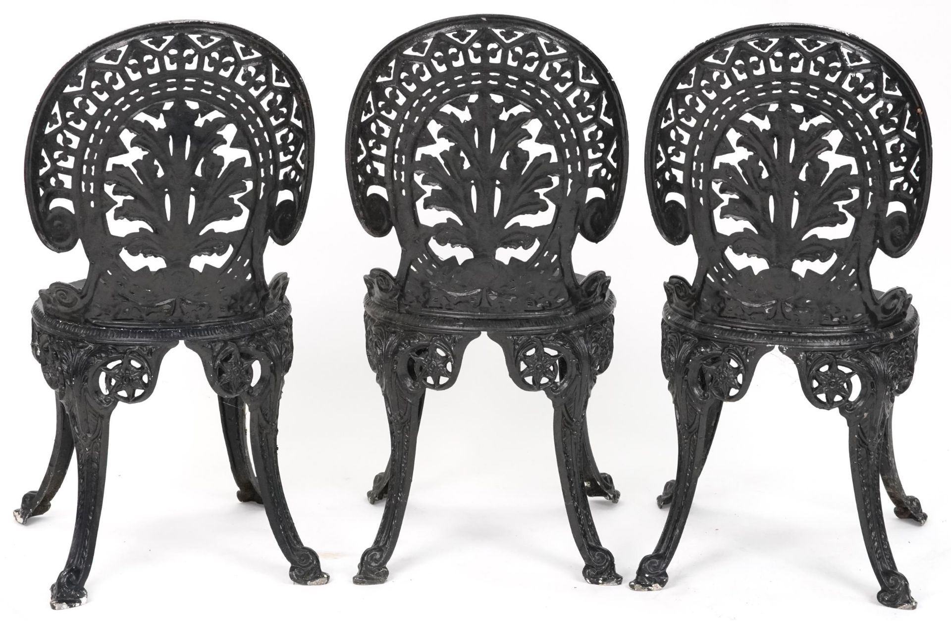 Black painted cast metal circular garden table with three chairs, 70.5cm high x 69cm in diameter : - Image 4 of 7