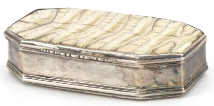 18th century unmarked silver and fossilised mammoth tooth snuff box with canted corners, 2.5cm H x