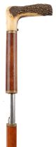 19th century Dumonthier Challenge Patent malacca walking stick gun with staghorn handle, the