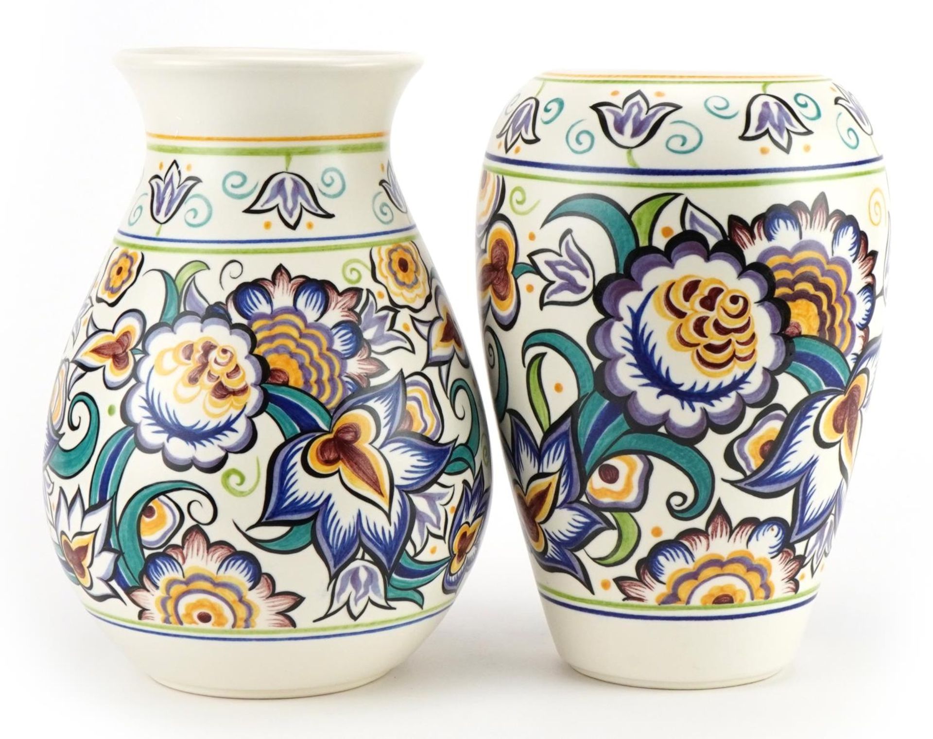 Karen Brown for Poole Pottery, two Mid century studio vases hand painted with stylised flowers in - Image 2 of 4