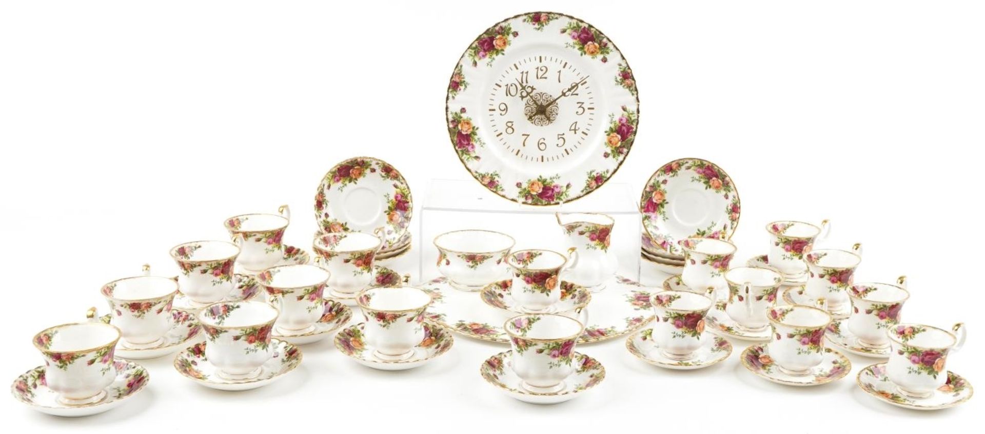 Royal Albert Old Country Roses china including various teaware, wall clock and cake tray, 35cm