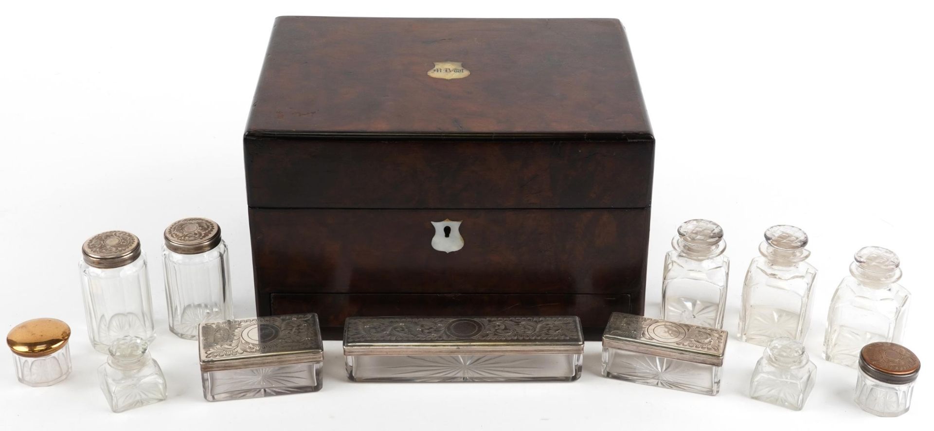 Victorian burr walnut toilet box with rosewood interior and base drawer housing various glass pots - Image 2 of 5