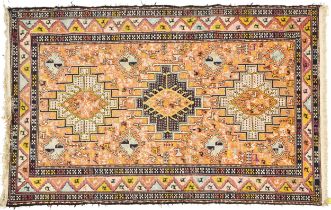 Rectangular Turkish rug with allover geometric and animal design, 200cm x 114cm : For further