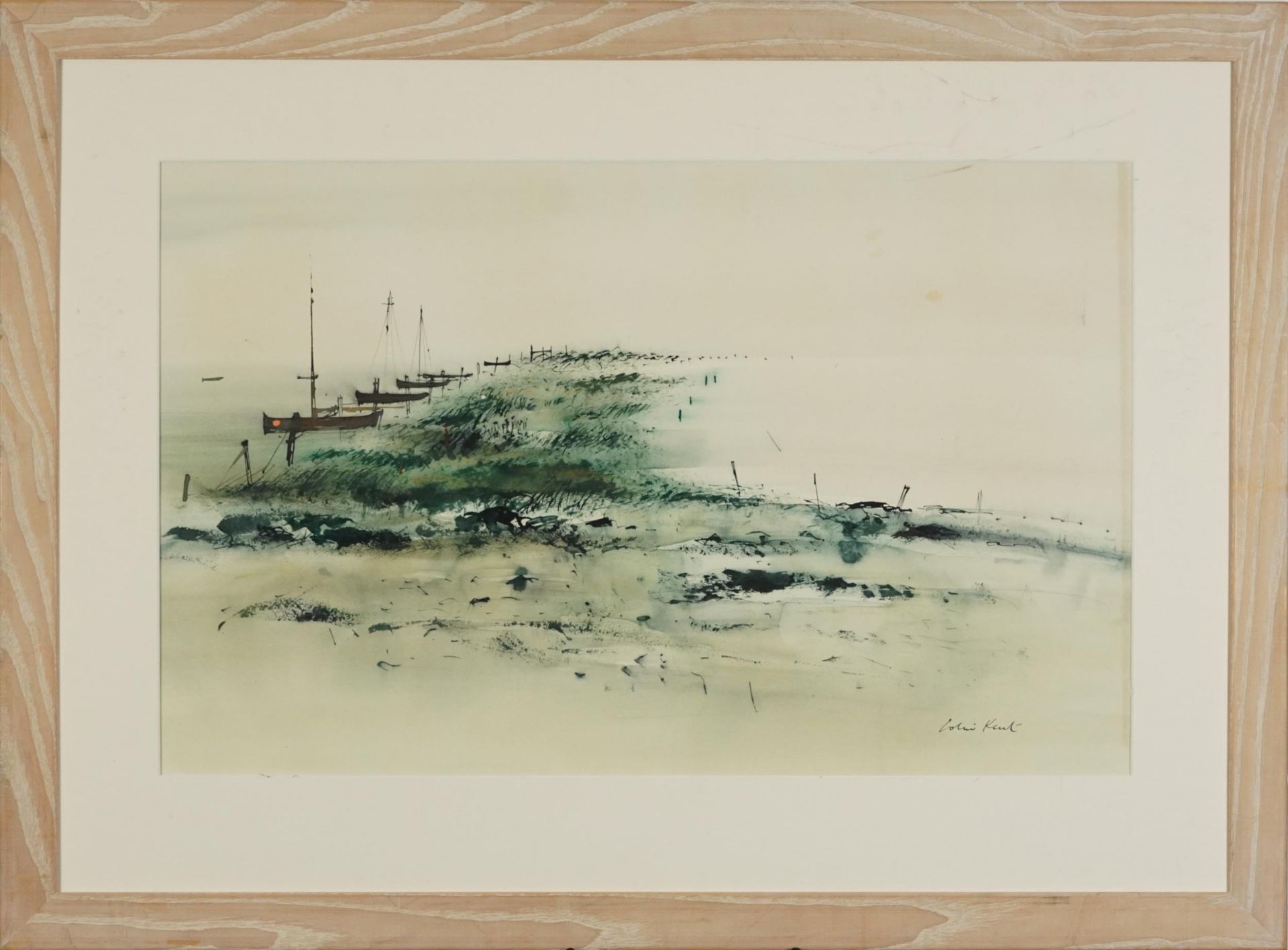 Colin Kent - Moored fishing boats, ink and watercolour, mounted and framed, 68cm x 43.5cm - Bild 2 aus 4