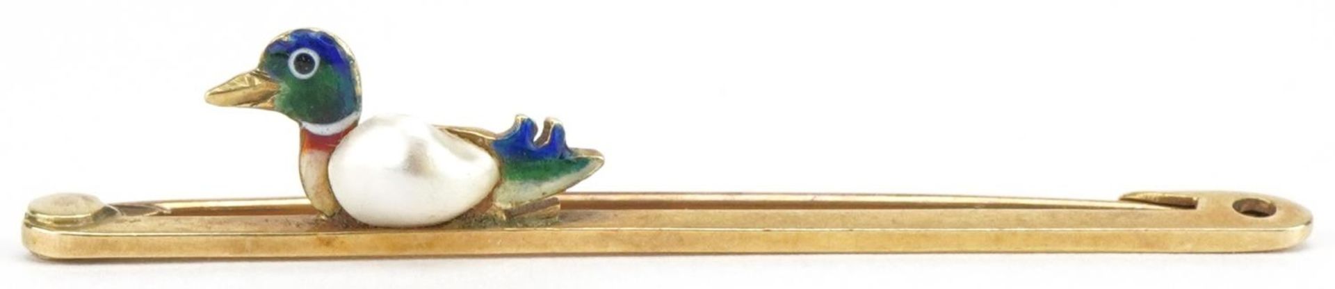 15ct gold enamel and pearl duck bar brooch housed in a Goldsmiths & Silversmiths Company London