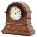 Edwardian inlaid mahogany mantle clock with circular dial enamelled with Roman and Arabic