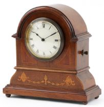 Edwardian inlaid mahogany mantle clock with circular dial enamelled with Roman and Arabic