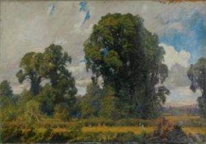 Attributed to Sir Arthur Ernest Streeton - Landscape with figure harvesting, unfinished Australian