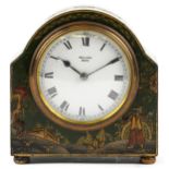 Early 20th century green lacquered chinoiserie mantle clock hand painted with a figure before