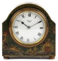 Early 20th century green lacquered chinoiserie mantle clock hand painted with a figure before
