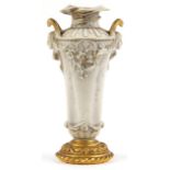 Manner of Royal Vienna, European Art Nouveau porcelain vase with gilt metal base and twin maiden
