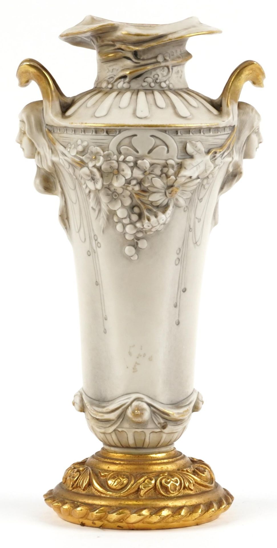 Manner of Royal Vienna, European Art Nouveau porcelain vase with gilt metal base and twin maiden