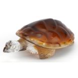 Lalique, French frosted and clear amber glass sea turtle paperweight with label, etched Lalique