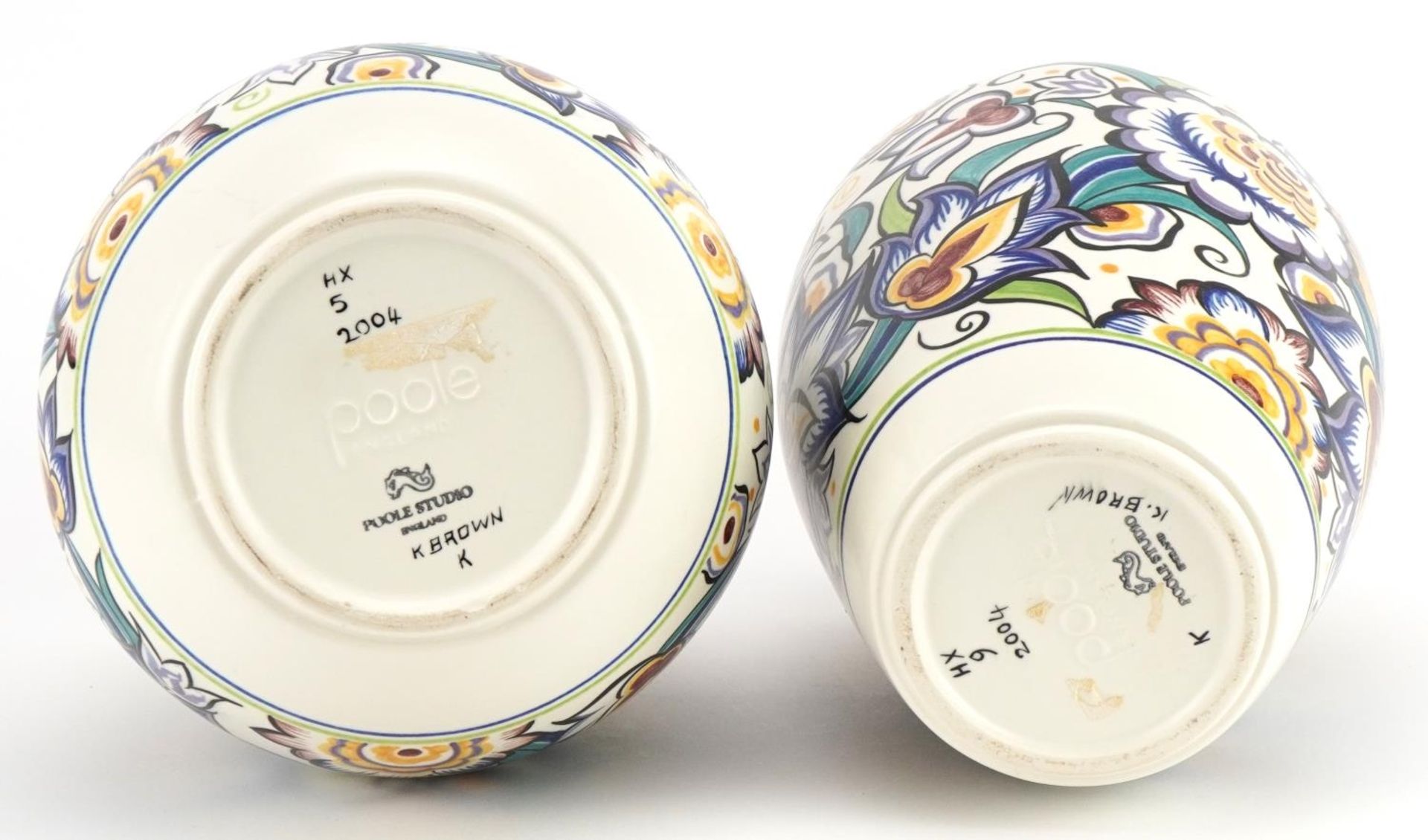 Karen Brown for Poole Pottery, two Mid century studio vases hand painted with stylised flowers in - Image 4 of 4