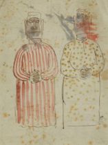 Two figures in traditional dress, Indian school ink and watercolour on paper, mounted, framed and